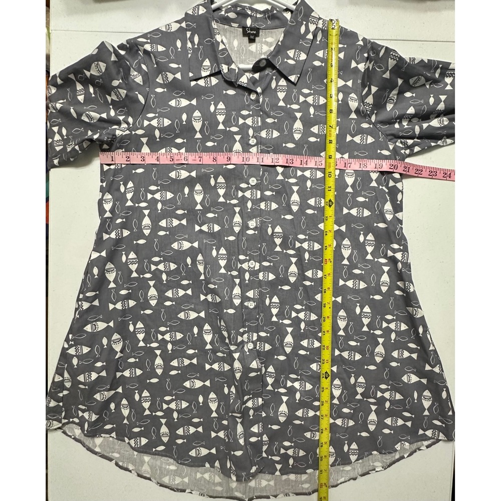 Shana Fish Print Tunic Shirt Cotton Back Zip Roll Tab Sleeve Grey Whimsical Sz M - Picture 7 of 7